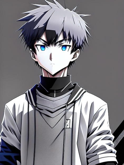 Manga style black and white with bright blue eyes neon genesis evangelion style boy Aigenerated