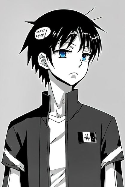 Manga style black and white with bright blue eyes neon genesis evangelion style boy Aigenerated