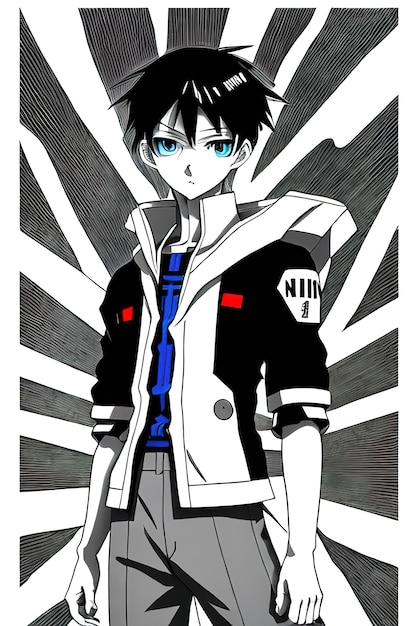 Manga style black and white with bright blue eyes neon genesis evangelion style boy Aigenerated