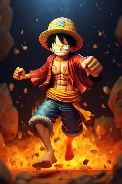 Manga style character monkey d luffy fire background ai generated art