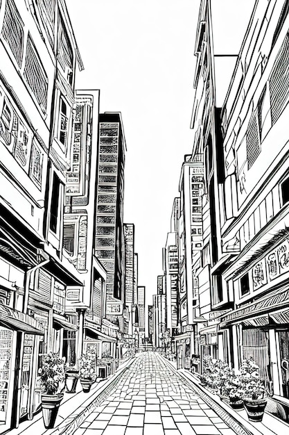 Mangastyle perspective city street high resolution Aigenerated