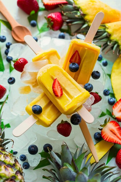 Mango banana popsicles on ice with fresh fruits and berries