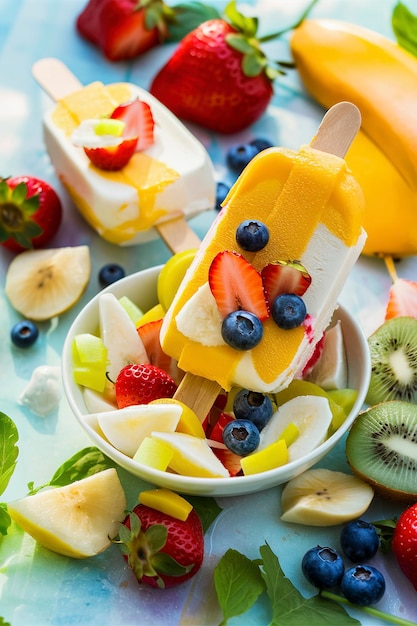 Mango banana popsicles on ice with fresh fruits and berries