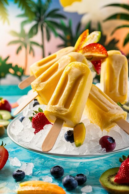 Photo mango banana popsicles on ice with fresh fruits and berries