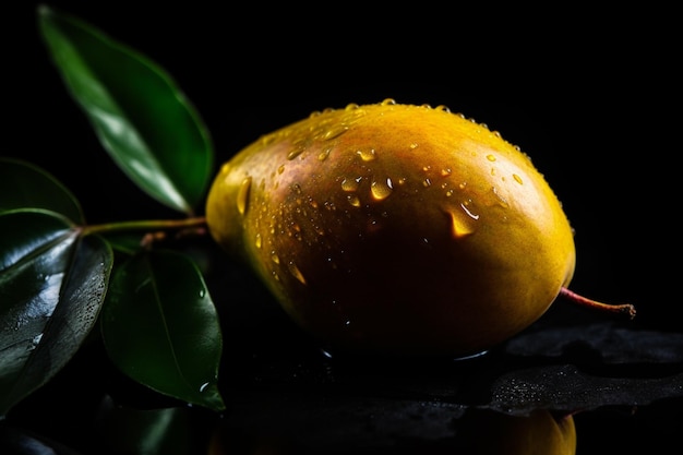 Mango on a black background with water drops