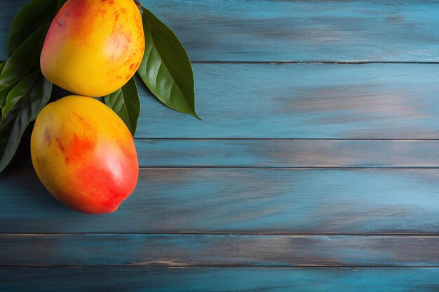 Mango On a blue wooden background Top view Free copy space