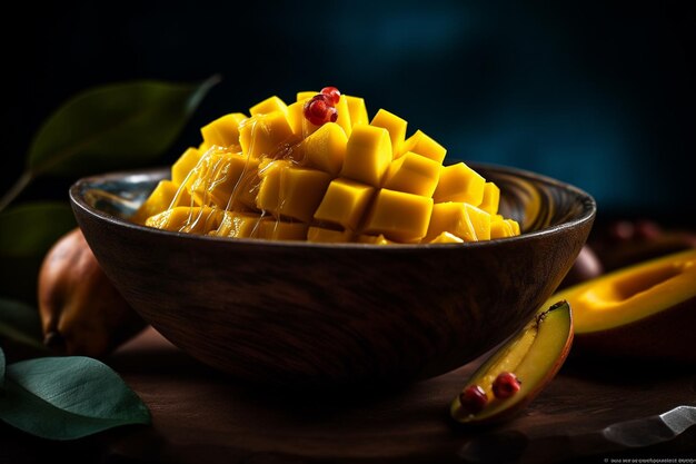 Mango in a bowl with a banana on the side