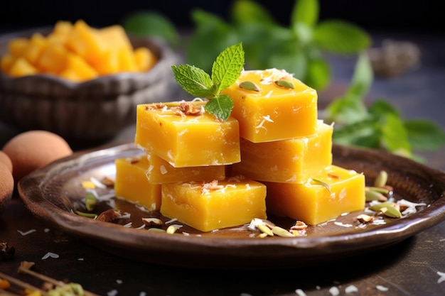 사진 망고 부르피(mango burfi)는 망고 맛이 나는 멜틴더머스 인도식 밀크 퍼지입니다.