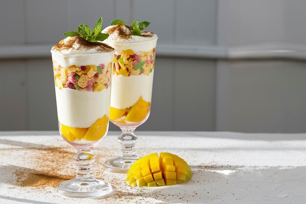 Mango and cereal yogurt parfait in tall glasses