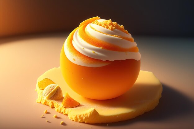 A mango cheesecake with a piece of cheese on it.