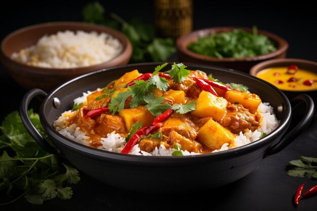 A mango and chicken curry served with steamed rice