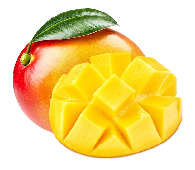 Mango Clipping Path Ripe whole mango fruit and half isolated on white background with clipping path