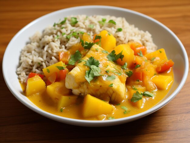 Photo mango coconut fish curry with brown rice 43 aspect ratio presentation