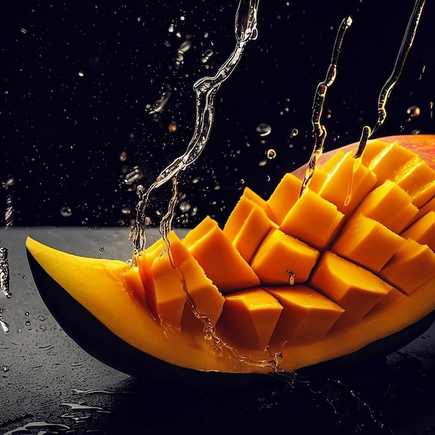 A mango cut in half and splashing it into the water.