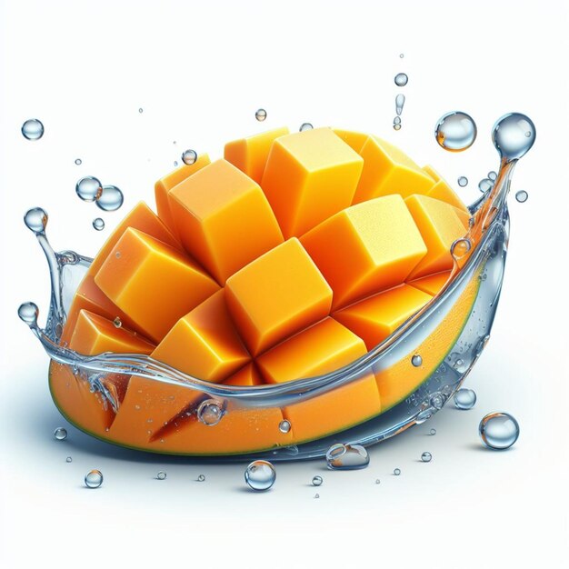 A mango cut in pieces with water splash on white background