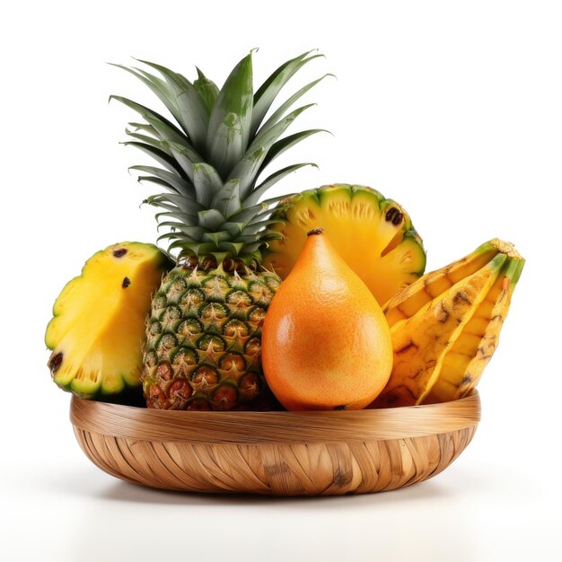 Mango en ananas in een mand met houtsnijwerk geïsoleerd Generatieve AI