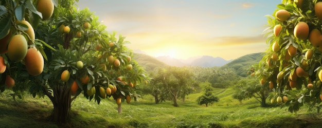 Mango farm gardeningtree cultivation with tropical fruits sunset panorama Generative Ai