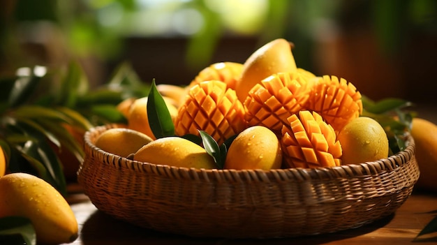 Mango fruit in a bamboo basket on wooden blur table