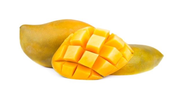 mango fruit, cubes and mango slices, isolated on a white space