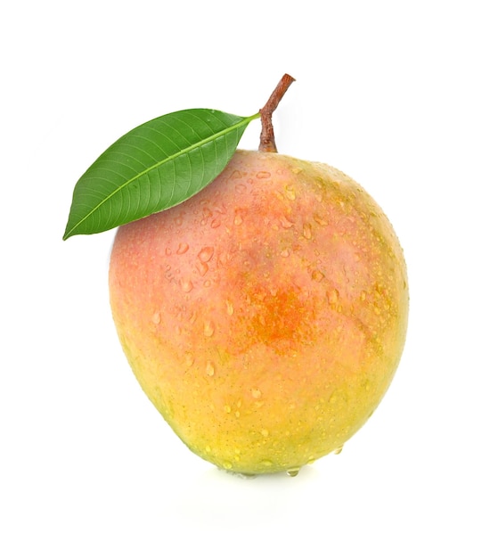 Mango fruit druppel water geïsoleerd op witte achtergrond