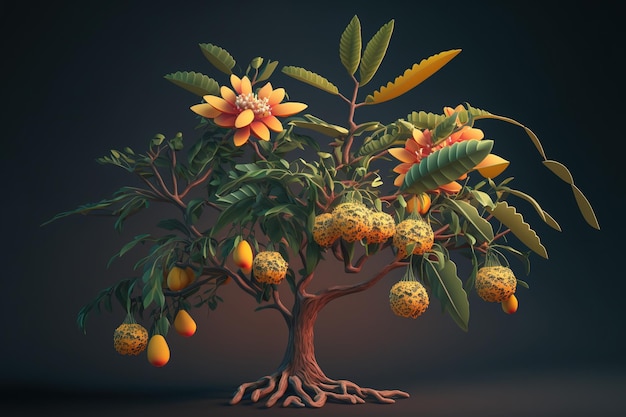 マンゴー フルーツの花と熱帯地方のイラストから枝の果実と葉の木