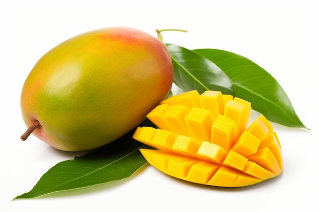 Photo mango fruit and sliced with leaves isolated