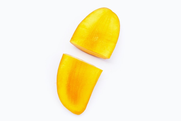 Mango fruit slices on white background