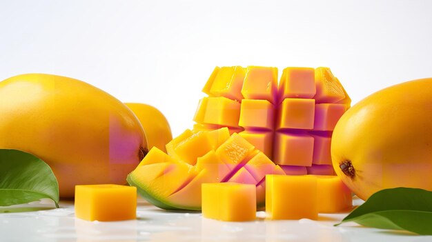 Mango fruit with cubes and slices on a white background by itself Generative AI