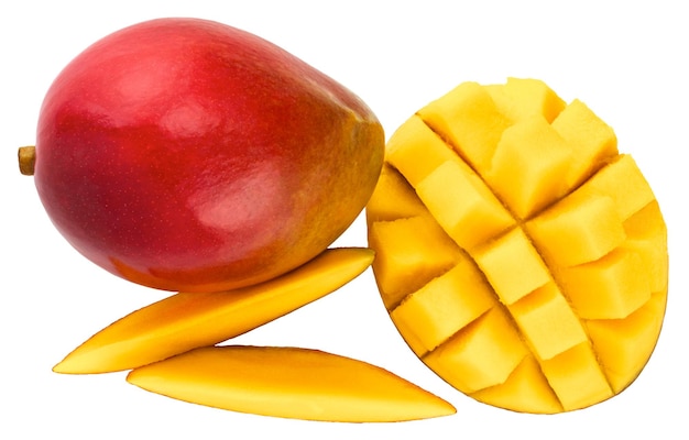 Mango fruit with mango cubes and slices. Isolated on a white background.