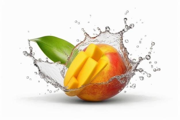Фото Фрукты манго с брызгами воды на белом фоне 3d иллюстрация