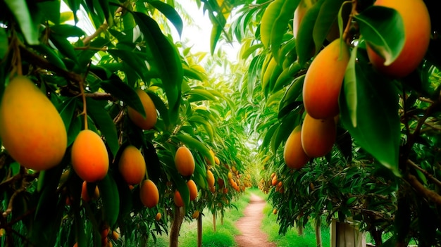 Photo mango garden on trees generative ai