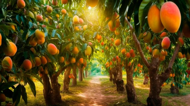 Mango garden on trees generative ai