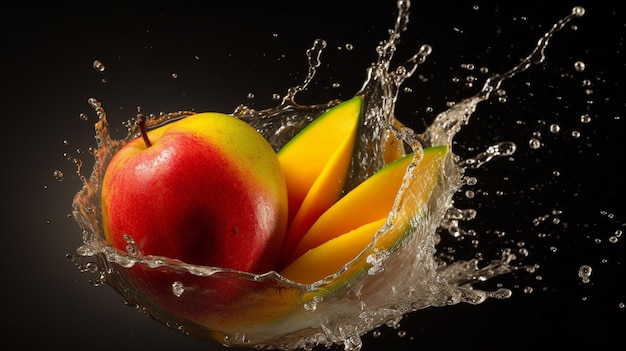 Mango in water splash geïsoleerd op zwarte achtergrond Vers fruit