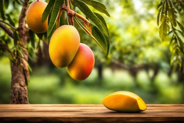 a mango is on a branch with a tree in the background
