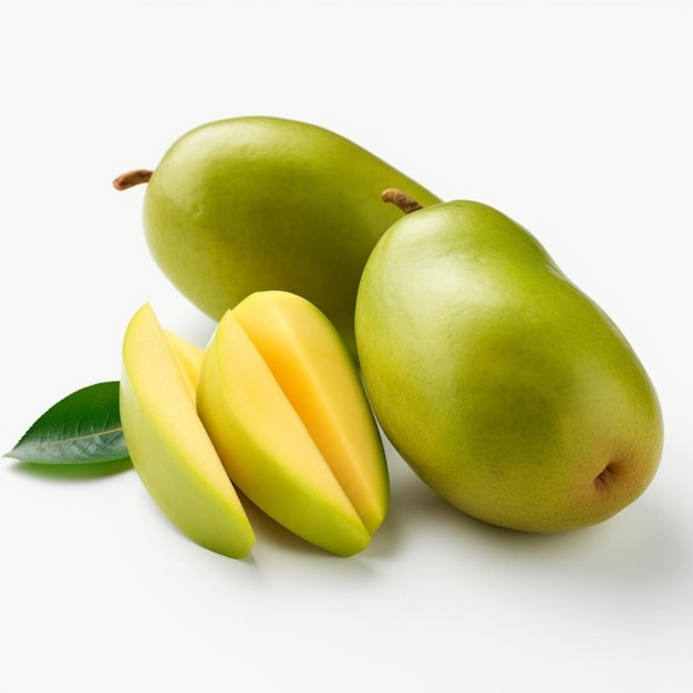 A mango is laying on a white surface with a green leaf.