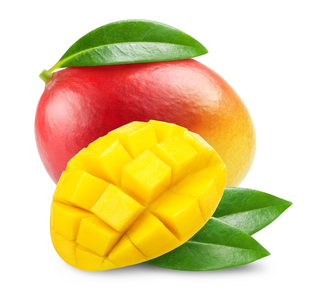 Mango isolated. Ripe red mango and half of the fruit cut into cubes.