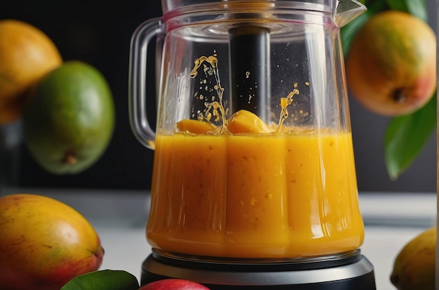 Сок манго смешивается с другими фруктами в блендере