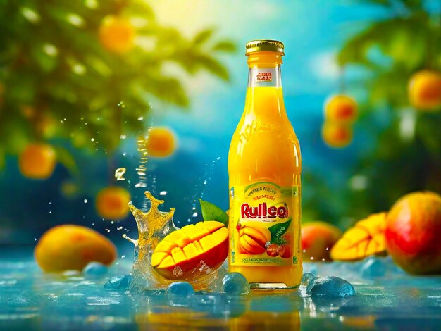 Mango juice bottle and leaf