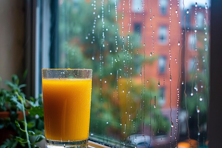 फोटो mango juice on a cozy balcony with a view of the rain promoting relaxation