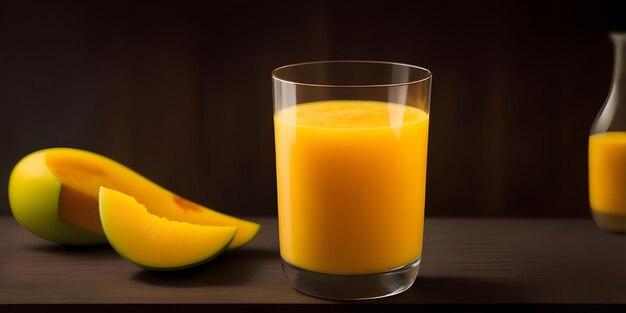 Mango juice filled in glass on wooden table bokeh lights black background