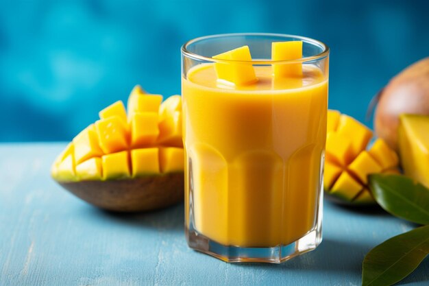 Mango juice in the glass on blue surface