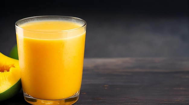 Photo mango juice in the glass on dark surface