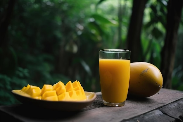 Mango juice and a glass of mango juice on a table