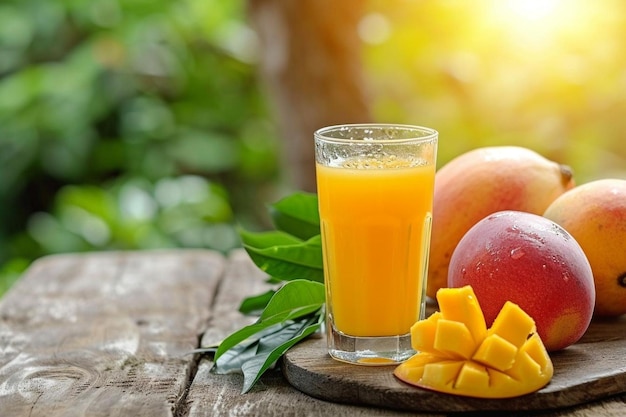 Mango juice in the glass on the wooden table