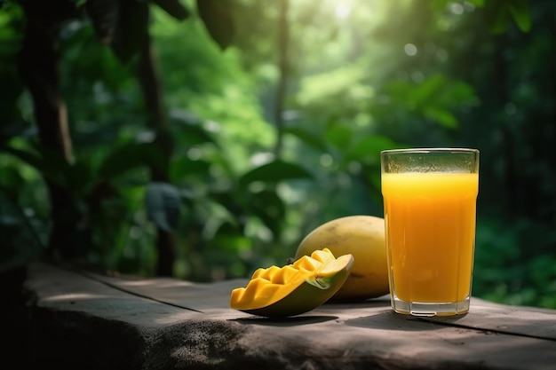 Mango juice and mango on a table in front of a green background