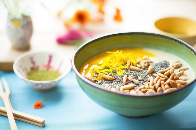 Mango juice smoothie bowl with nuts and seeds