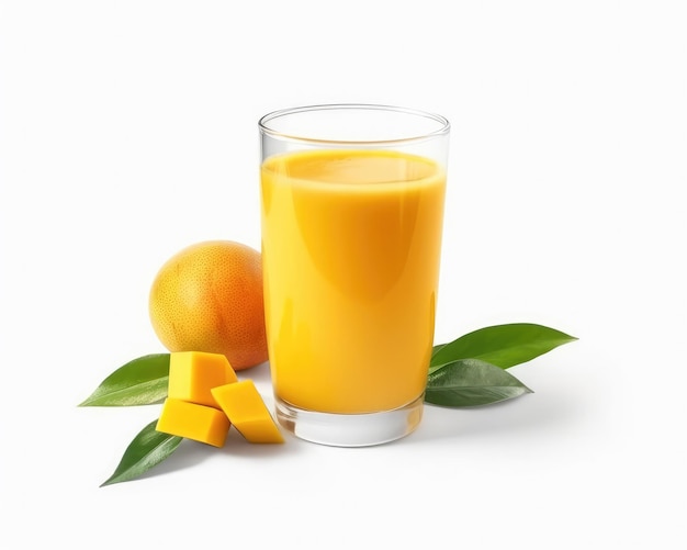 Mango juice with splashes with mango fruit in isolated white background studio shot