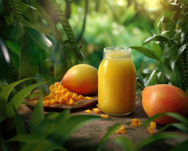 Mango juice with splashes with mango fruit in studio background restaurant with garden