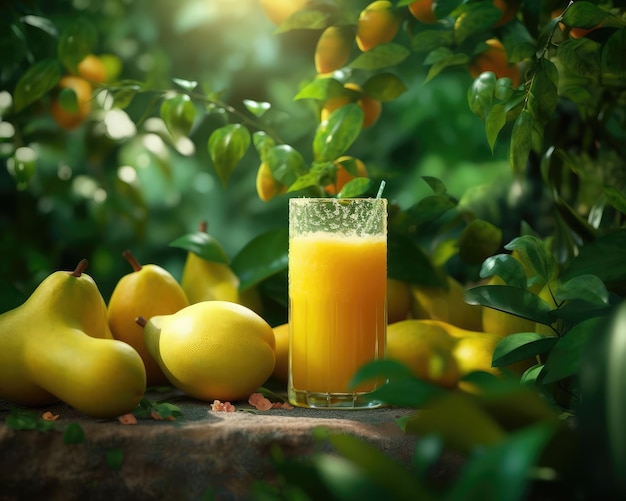 Photo mango juice with splashes with mango fruit in studio background restaurant with garden