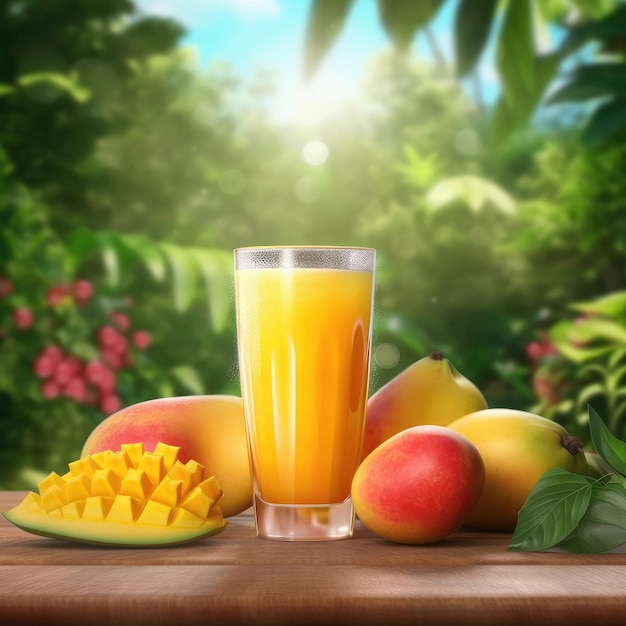 Mango juice with splashes with mango fruit in studio background restaurant with garden